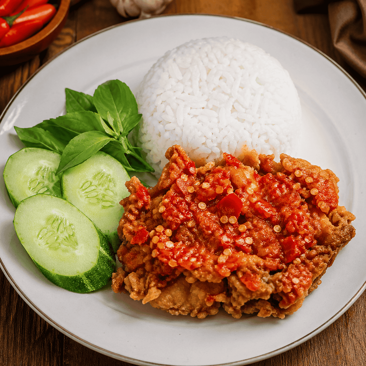 Ayam Geprek dengan nasi, lalap, sambal, tahu, dan tempe